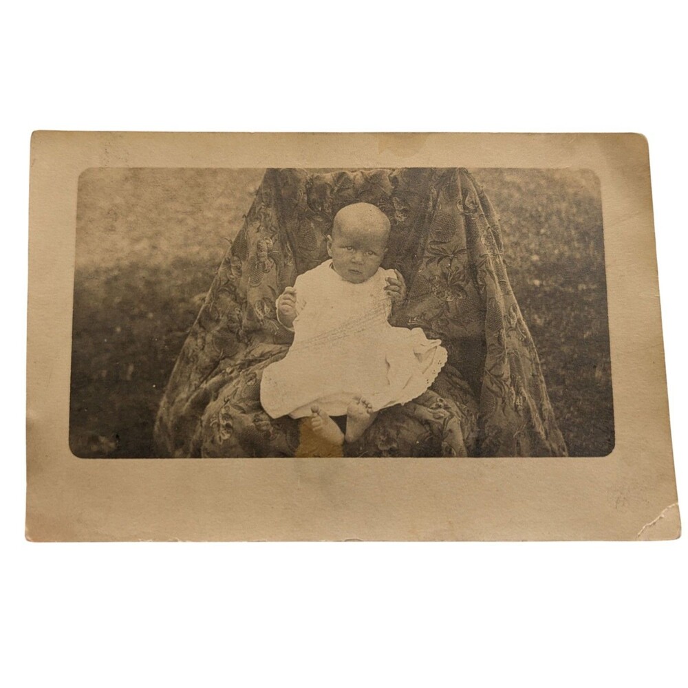 Vintage RPPC Cabinet Card Baby in Chair Kruxo 1910s Barefoot Kruxo White Dress